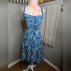 Anthropologie HD in Paris Blue Acropora Coral Reef Midi Cross-back Sun Dress